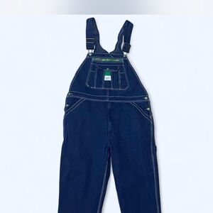 Dark Blue Denim Liberty Overalls with Green Accents
